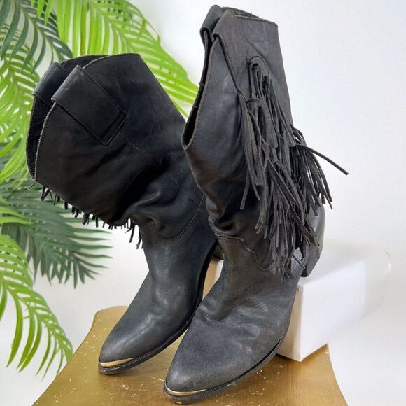 Women's Vintage 90s Black Cowgirl Western Biker Fringe Leather Boots / 8 - Picture 2 of 11